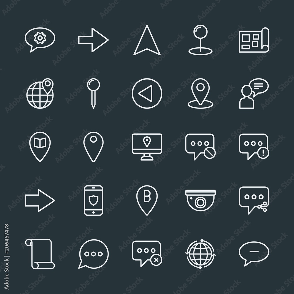 Poster modern simple set of location, arrows, chat and messenger, security vector outline icons. contains s
