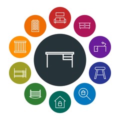 buildings, furniture, housekeeping Infographic Colorful outline Icons Set. Contains such Icons as prison, chair,  computer, drawer,  comfortable,  home, house and more. Fully Editable. Pixel Perfect