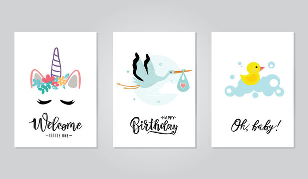 Vector illustration of a baby shower invitations set