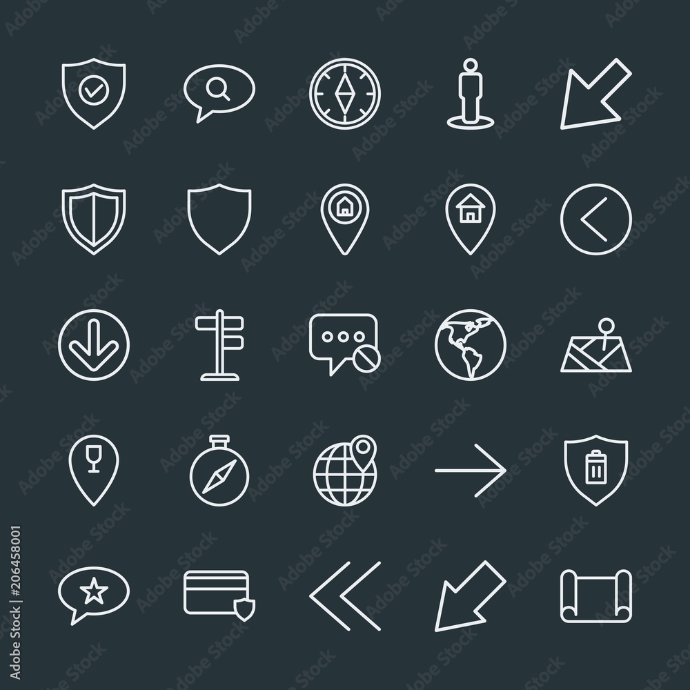 Poster modern simple set of location, arrows, chat and messenger, security vector outline icons. contains s