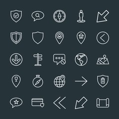 Modern Simple Set of location, arrows, chat and messenger, security Vector outline Icons. Contains such Icons as  remove,  direction,  right and more on dark background. Fully Editable. Pixel Perfect.
