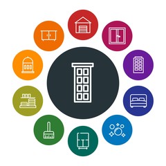 buildings, furniture, housekeeping Infographic Colorful outline Icons Set. Contains such Icons as bedroom,  room,  soap,  door,  urban,  department, window and more. Fully Editable. Pixel Perfect