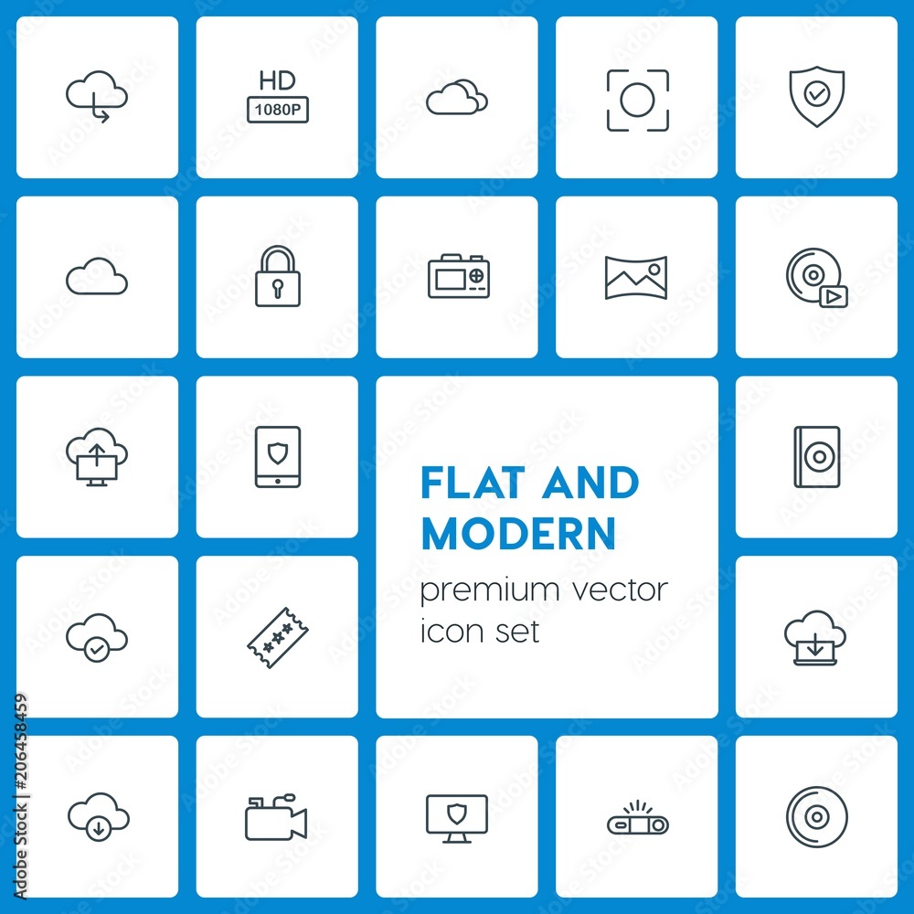 Poster modern simple set of cloud and networking, security, video, photos vector outline icons. contains su