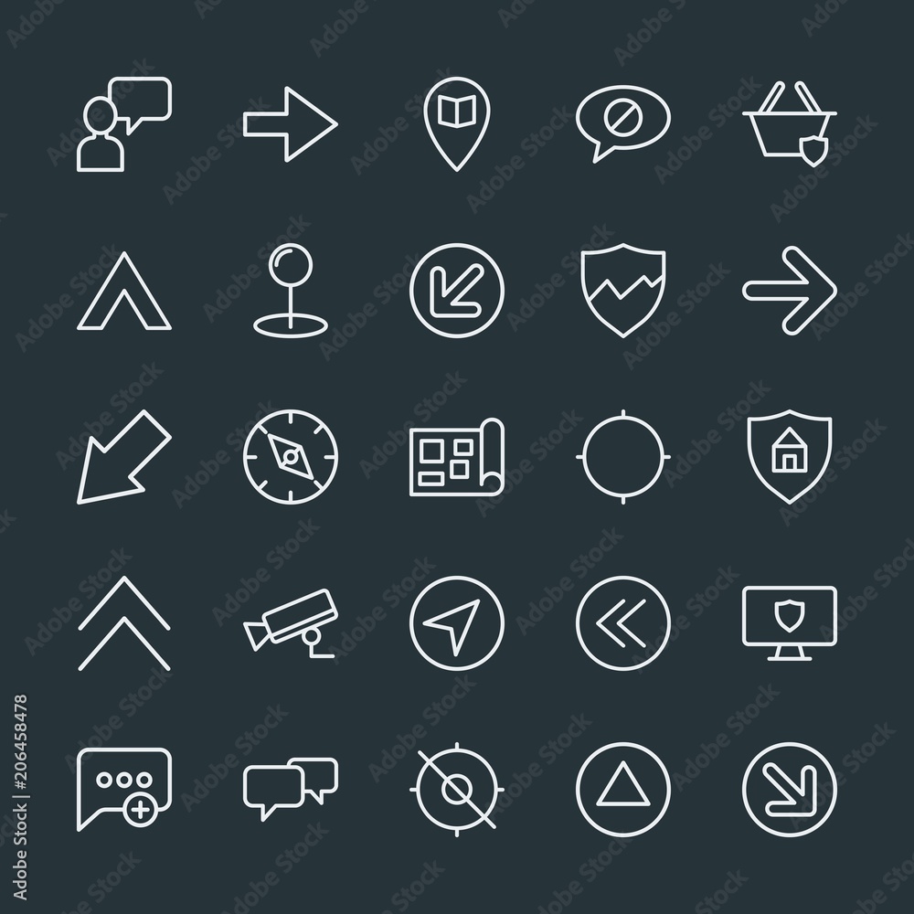 Poster modern simple set of location, arrows, chat and messenger, security vector outline icons. contains s