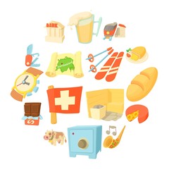 Switzerland itravel icons set. Cartoon illustration of 16 Switzerland travel vector icons for web