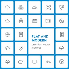 Modern Simple Set of cloud and networking, security, video, photos Vector outline Icons. Contains such Icons as  background,  cd, data, hd and more on dark background. Fully Editable. Pixel Perfect