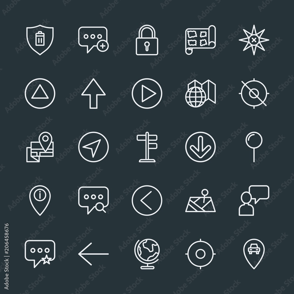 Poster modern simple set of location, arrows, chat and messenger, security vector outline icons. contains s