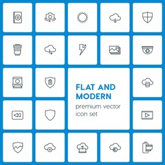 Modern Simple Set of cloud and networking, security, video, photos Vector outline Icons. Contains such Icons as security, dvd,  shield, sunny and more on dark background. Fully Editable. Pixel Perfect