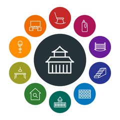 buildings, furniture, housekeeping Infographic Colorful outline Icons Set. Contains such Icons as  china, home, building,  baby,  hygiene,  dining,  fortress and more. Fully Editable. Pixel Perfect