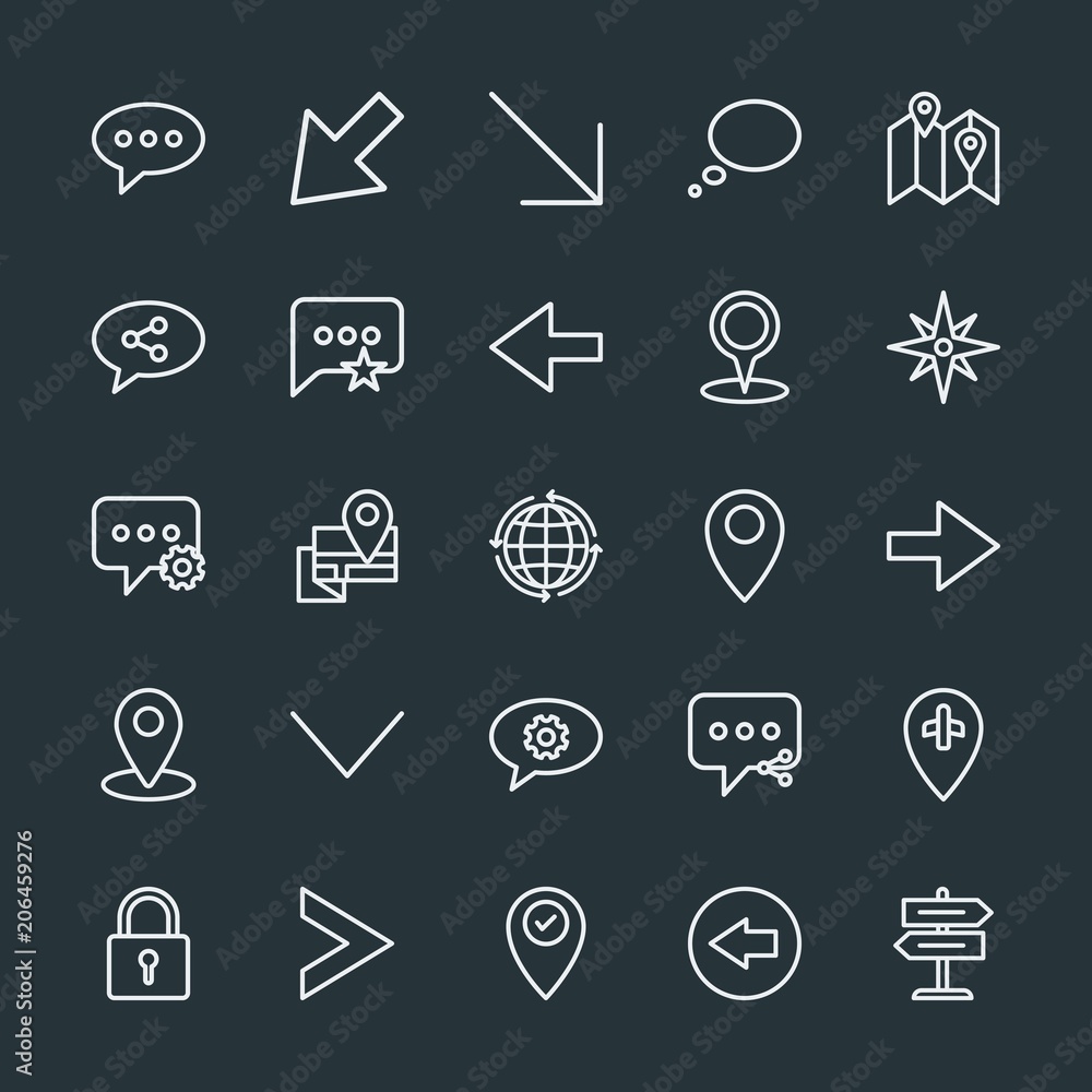 Poster modern simple set of location, arrows, chat and messenger, security vector outline icons. contains s