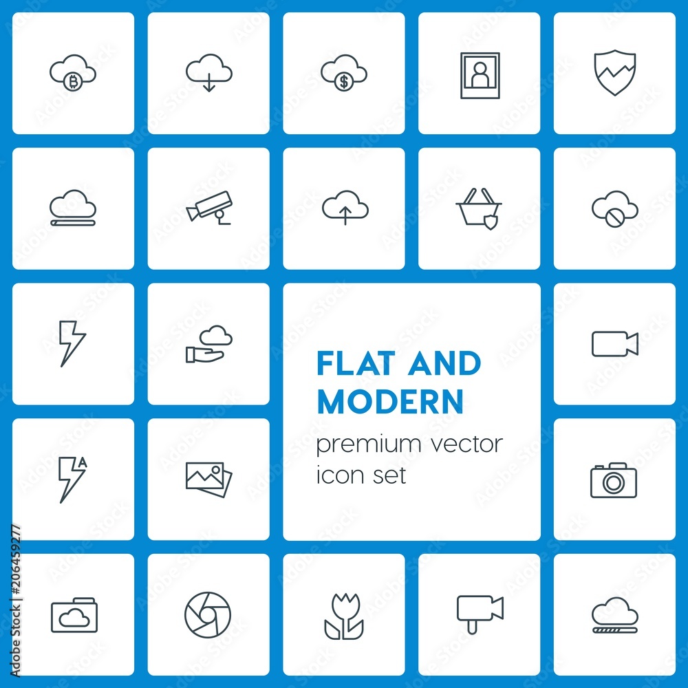 Poster modern simple set of cloud and networking, security, video, photos vector outline icons. contains su