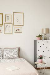 Cropped photo of bed with pillows, paintings and plants in a bedroom interior