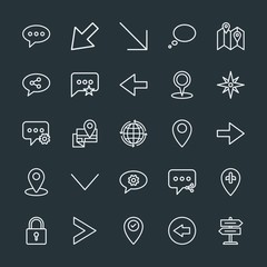 Modern Simple Set of location, arrows, chat and messenger, security Vector outline Icons. Contains such Icons as  bubble,  share,  network and more on dark background. Fully Editable. Pixel Perfect.