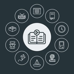 education, kids and toys Infographic Circle outline Icons Set. Contains such Icons as  sound,  digital,  rock,  gaming, video,  ebook,  literature,  world, kite and more. Fully Editable. Pixel Perfect