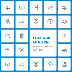 Modern Simple Set of cloud and networking, security, video, photos Vector outline Icons. Contains such Icons as  delete,  weather,  upload and more on dark background. Fully Editable. Pixel Perfect