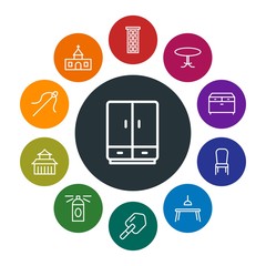 buildings, furniture, housekeeping Infographic Colorful outline Icons Set. Contains such Icons as closet,  conference,  religion,  aromatherapy,  business,  god and more. Fully Editable. Pixel Perfect