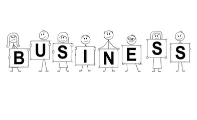 Cartoon stick man drawing conceptual illustration of businessmen and businesswomen holding signs with business text.