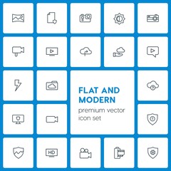 Modern Simple Set of cloud and networking, security, video, photos Vector outline Icons. Contains such Icons as  flash,  scenery, hd,  video and more on dark background. Fully Editable. Pixel Perfect