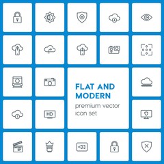 Modern Simple Set of cloud and networking, security, video, photos Vector outline Icons. Contains such Icons as  back,  add,  insurance, hd and more on dark background. Fully Editable. Pixel Perfect