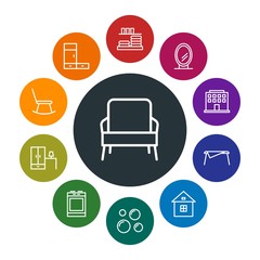 buildings, furniture, housekeeping Infographic Colorful outline Icons Set. Contains such Icons as  jar,  kitchen,  relax,  interior,  urban,  abstract,  foam and more. Fully Editable. Pixel Perfect
