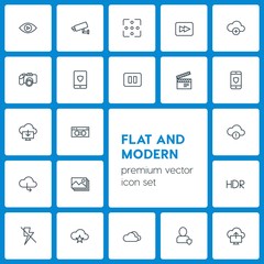 Modern Simple Set of cloud and networking, security, video, photos Vector outline Icons. Contains such Icons as  camera,  sky, video,  travel and more on dark background. Fully Editable. Pixel Perfect