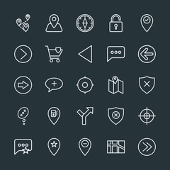 Modern Simple Set of location, arrows, chat and messenger, security Vector outline Icons. Contains such Icons as  gps,  safe,  message,  new and more on dark background. Fully Editable. Pixel Perfect.