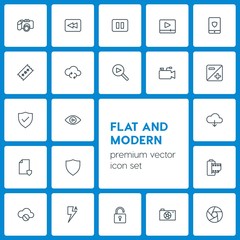 Modern Simple Set of cloud and networking, security, video, photos Vector outline Icons. Contains such Icons as  safe,  scroll, player, video and more on dark background. Fully Editable. Pixel Perfect