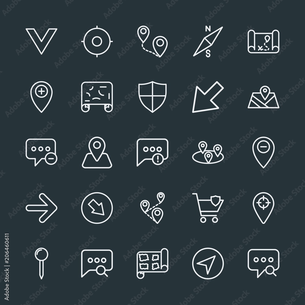 Poster modern simple set of location, arrows, chat and messenger, security vector outline icons. contains s