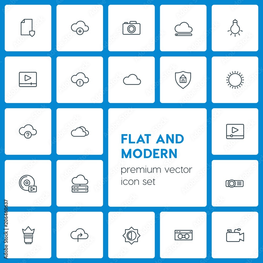 Poster modern simple set of cloud and networking, security, video, photos vector outline icons. contains su