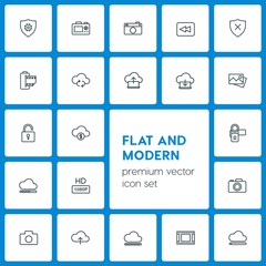 Modern Simple Set of cloud and networking, security, video, photos Vector outline Icons. Contains such Icons as  cloud,  download,  currency and more on dark background. Fully Editable. Pixel Perfect