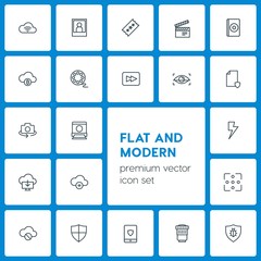 Modern Simple Set of cloud and networking, security, video, photos Vector outline Icons. Contains such Icons as  network,  entertainment,  cd and more on dark background. Fully Editable. Pixel Perfect
