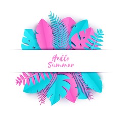 Summer Tropical palm leaves, plants in trandy paper cut style. White frame on exotic blue pink leaves Hawaiian summertime. Space for text. White lable template. Vector card illustration