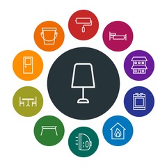 buildings, furniture, housekeeping Infographic Colorful outline Icons Set. Contains such Icons as  abstract,  interior,  burn, night,  brush,  table,  dining and more. Fully Editable. Pixel Perfect