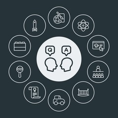 education, kids and toys Infographic Circle outline Icons Set. Contains such Icons as  child,  palette, toy,  internet,  chemistry, rocket,  science,  education and more. Fully Editable. Pixel Perfect