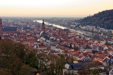 Fototapeta na wymiar Vista of the city of Heidelberg, Germany at dusk