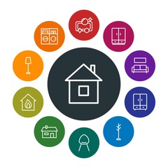 buildings, furniture, housekeeping Infographic Colorful outline Icons Set. Contains such Icons as detergent, stand,  housework,  household,  clean, construction and more. Fully Editable. Pixel Perfect
