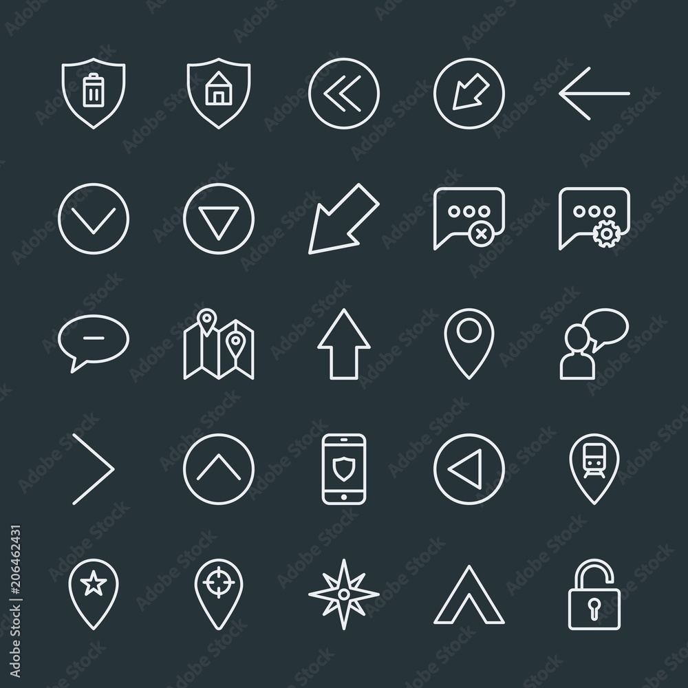 Poster modern simple set of location, arrows, chat and messenger, security vector outline icons. contains s