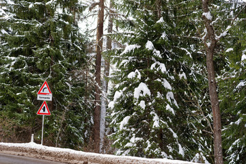 Road sign in Folgarida, Dolomite Mountains, Italy