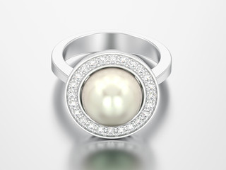 3D illustration silver diamond engagement wedding ring with pearl