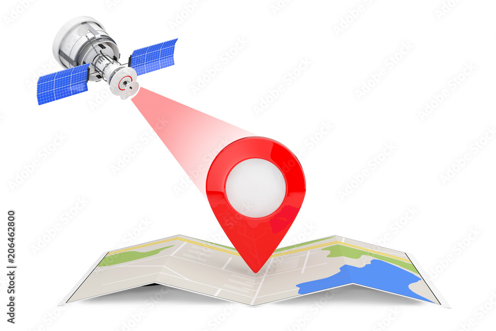 Poster modern satelite broadcasting to folded abstract navigation map with map pointer pin. 3d rendering