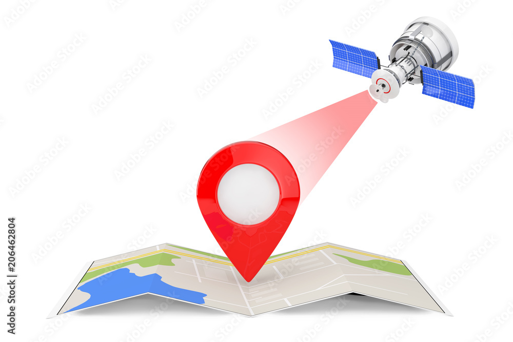 Poster modern satelite broadcasting to folded abstract navigation map with map pointer pin. 3d rendering