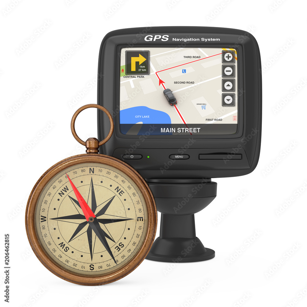 Poster navigation and global positioning system gps device with navigation city map on the screen near glos