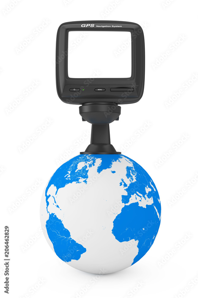 Poster navigation and global positioning system gps device with blank screen over earth globe. 3d rendering