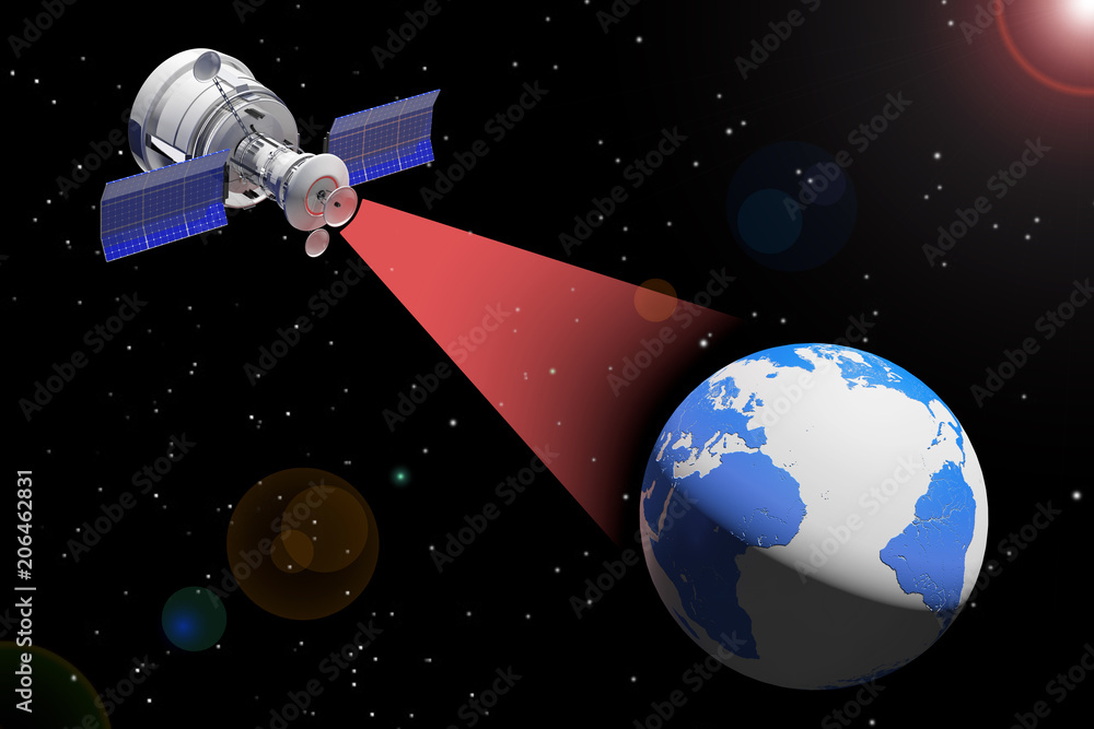 Poster modern satelite broadcasting to earth globe. 3d rendering