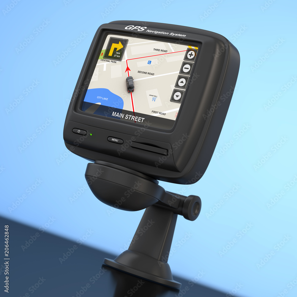 Poster navigation and global positioning system gps device with navigation city map on the screen. 3d rende