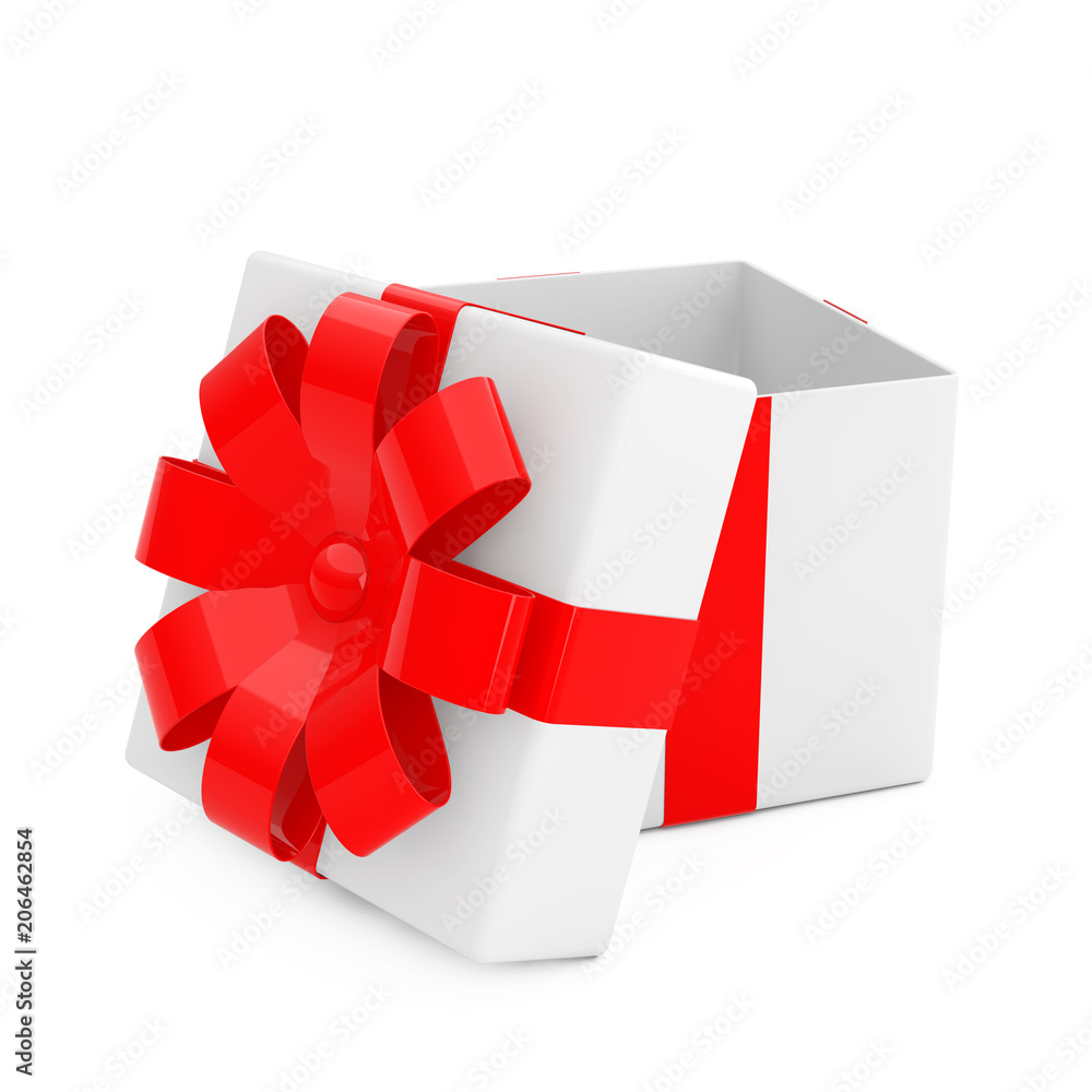 Aufkleber opened white gift box with red ribbon. 3d rendering