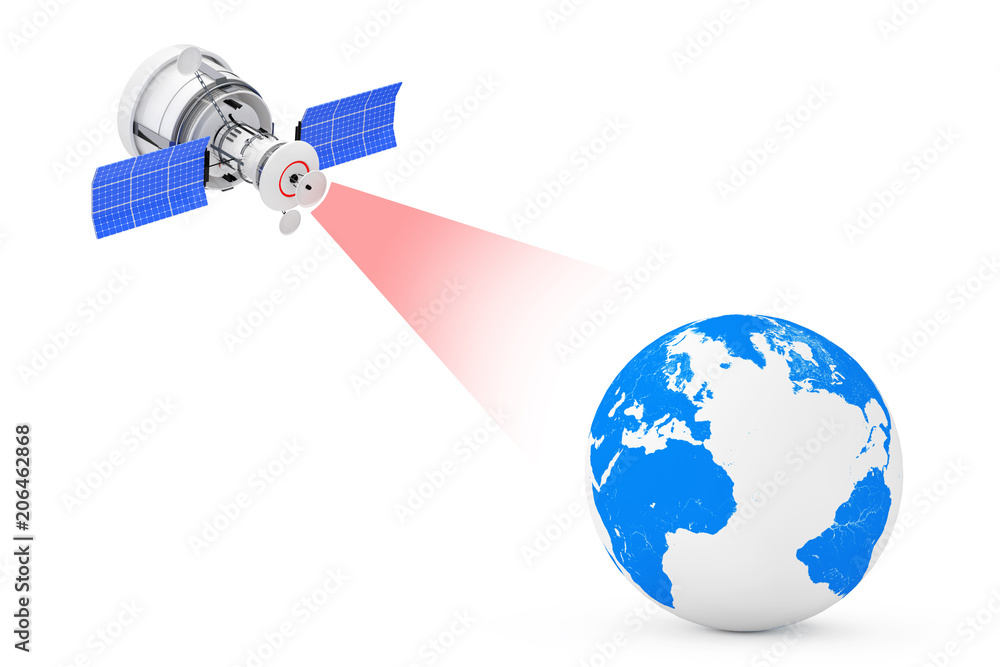 Poster modern satelite broadcasting to earth globe. 3d rendering