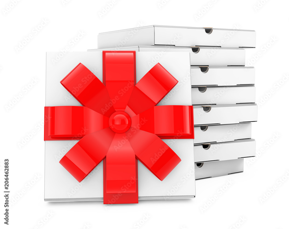 Poster stack of white blank cardboard pizza boxesnear pizza box with red ribbon and bow. 3d rendering