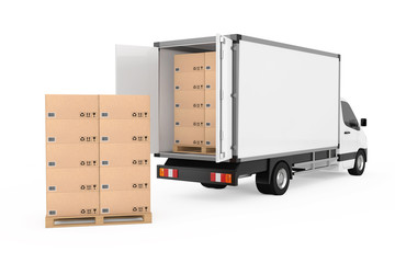 Prepare Shipping Concept. White Commercial Industrial Cargo Delivery Van Truck near Stack of Cardboard Boxes on Pallete. 3d Rendering