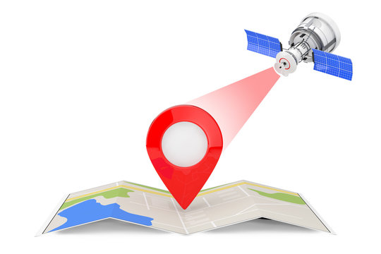 Modern Satelite Broadcasting To Folded Abstract Navigation Map With Map Pointer Pin. 3d Rendering